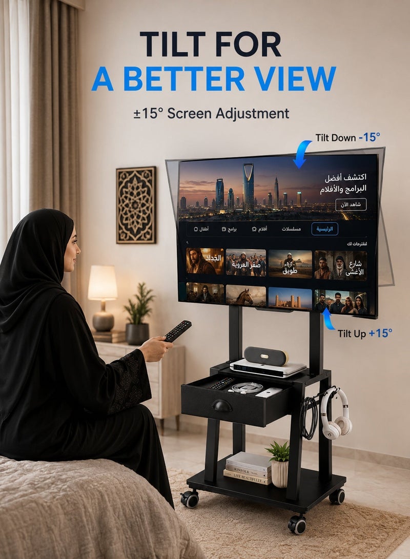 قف حامل تلفزيون متحرك مع درج مناسب لشاشات 23-60 بوصة / 58-152 سم، طاولة تلفزيون بعجلات مع رفوف تخزين، حامل أرضي قابل لتعديل الارتفاع والإمالة ±15 درجة، مع خطاف جانبي وعجلات قابلة للقفل لغرفة النوم والصالة والمكتب، أسود - Image 5