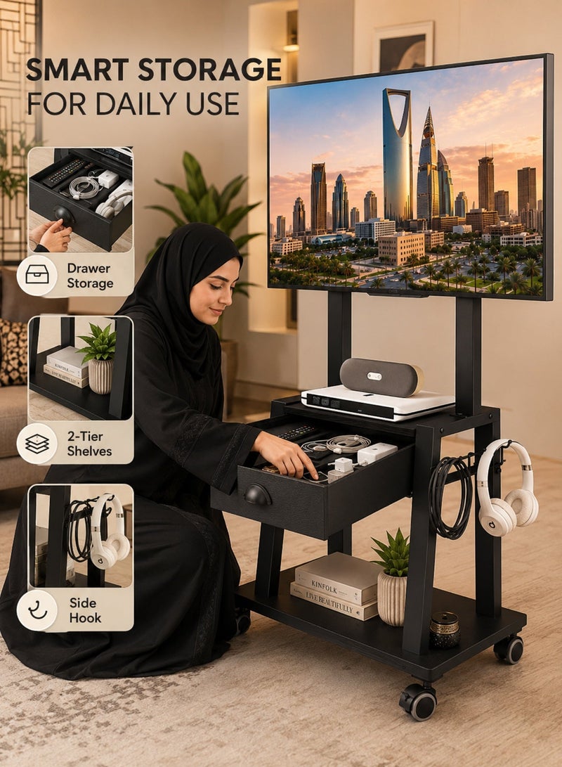 قف حامل تلفزيون متحرك مع درج مناسب لشاشات 23-60 بوصة / 58-152 سم، طاولة تلفزيون بعجلات مع رفوف تخزين، حامل أرضي قابل لتعديل الارتفاع والإمالة ±15 درجة، مع خطاف جانبي وعجلات قابلة للقفل لغرفة النوم والصالة والمكتب، أسود - Image 4