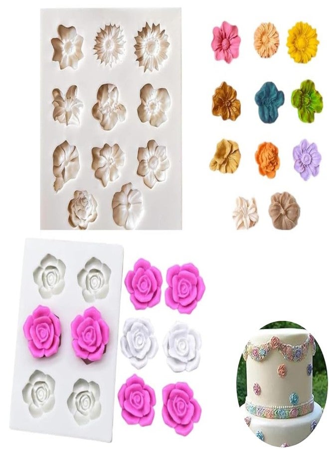 LEGACYCART 2 PCS Flower Fondant Rose Silicone Molds Rose Camellia Daisy Flower Silicone Mold for Resin Casting, Polyresin Sugarcraft Chocolate Cupcake Fondant Cake Decorating Tools - Image 1