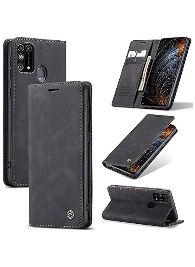 Phone Case Compatible for Samsung Galaxy M31 / M21S, Protector Scratch Resistant Leather Kickstand Card Slots Money Pocket Black - Image 1