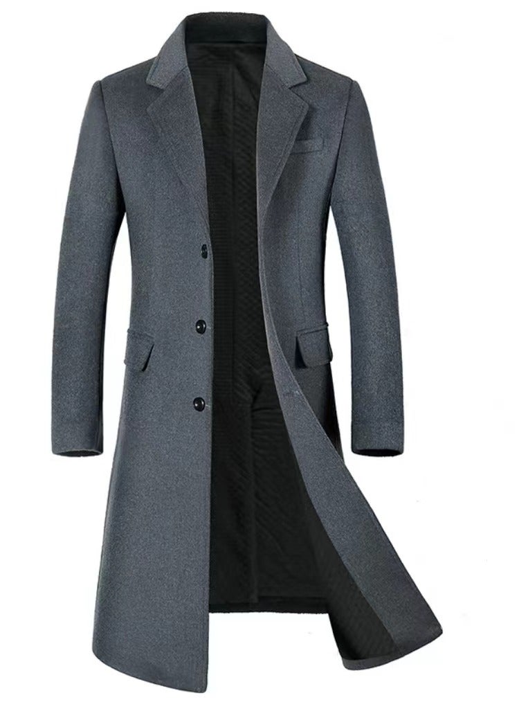 Loquat Men's Thick Woolen Casual Trench Coat Slim Fit Suit Collar Long Jacket Overcoat with Pockets Grey 