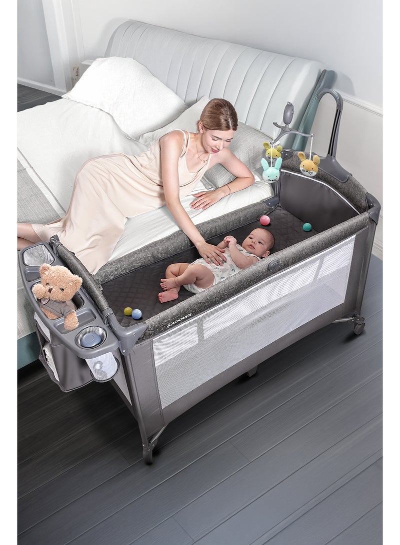 Babyomi Baby Bassinet Bedside Crib, Pack and Play with Sheet, Diaper Changing Table and Music Mobile from Newborn to Toddles, Portable Large Playard - Image 2