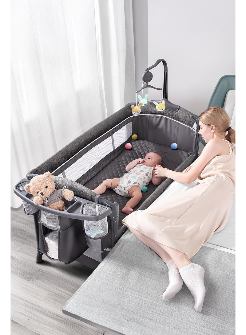 Babyomi Baby Bassinet Bedside Crib, Pack and Play with Sheet, Diaper Changing Table and Music Mobile from Newborn to Toddles, Portable Large Playard - Image 1