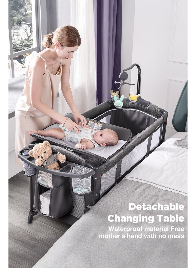 Babyomi Baby Bassinet Bedside Crib, Pack and Play with Sheet, Diaper Changing Table and Music Mobile from Newborn to Toddles, Portable Large Playard - Image 3