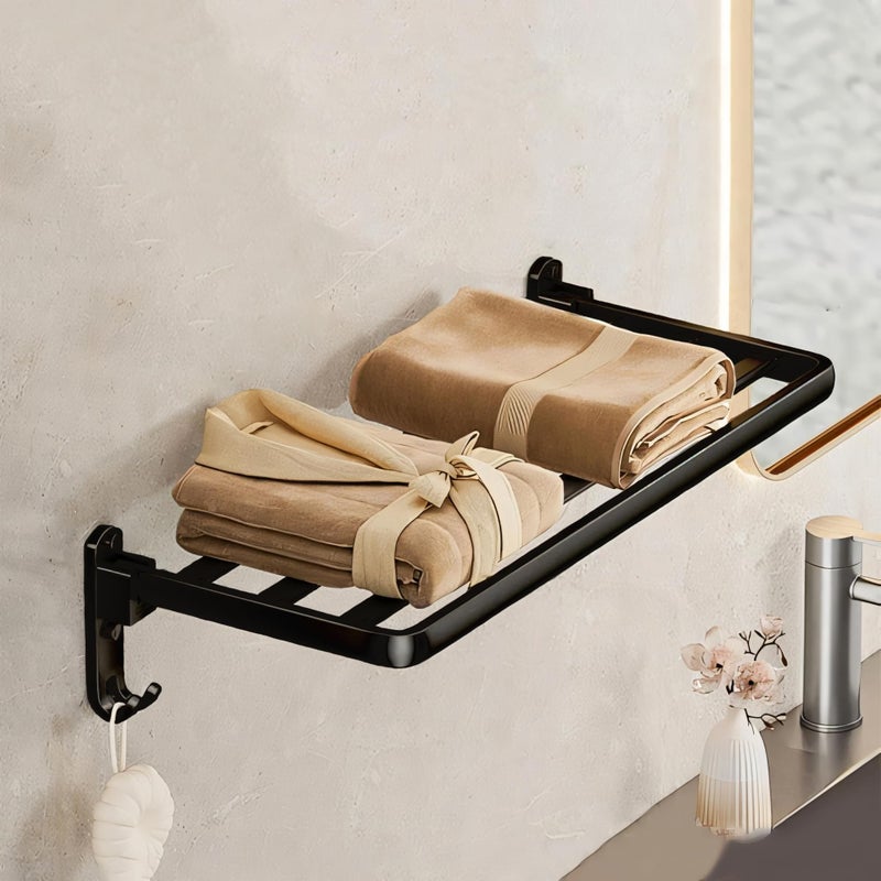 iSTAR Aluminium Wall-Mounted Foldable Towel Holder for Bathroom | Multifunctional Space-Saving Rack with 2 Hooks | Towel Hanger for Toiletries, Bathroom, Home, Hotel, Essential Accessories (Black) - Image 1