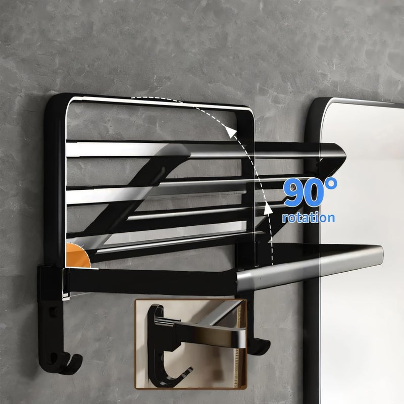 iSTAR Aluminium Wall-Mounted Foldable Towel Holder for Bathroom | Multifunctional Space-Saving Rack with 2 Hooks | Towel Hanger for Toiletries, Bathroom, Home, Hotel, Essential Accessories (Black) - Image 4