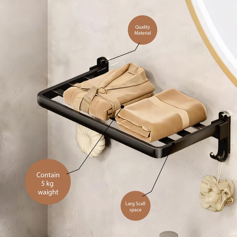 iSTAR Aluminium Wall-Mounted Foldable Towel Holder for Bathroom | Multifunctional Space-Saving Rack with 2 Hooks | Towel Hanger for Toiletries, Bathroom, Home, Hotel, Essential Accessories (Black) - Image 2