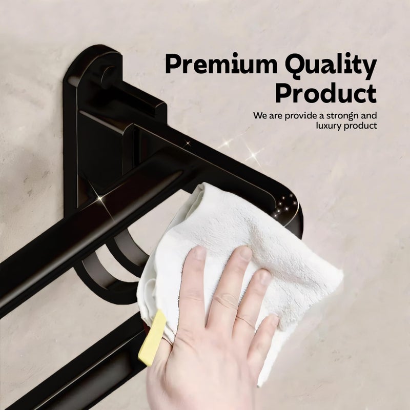iSTAR Aluminium Wall-Mounted Foldable Towel Holder for Bathroom | Multifunctional Space-Saving Rack with 2 Hooks | Towel Hanger for Toiletries, Bathroom, Home, Hotel, Essential Accessories (Black) - Image 5