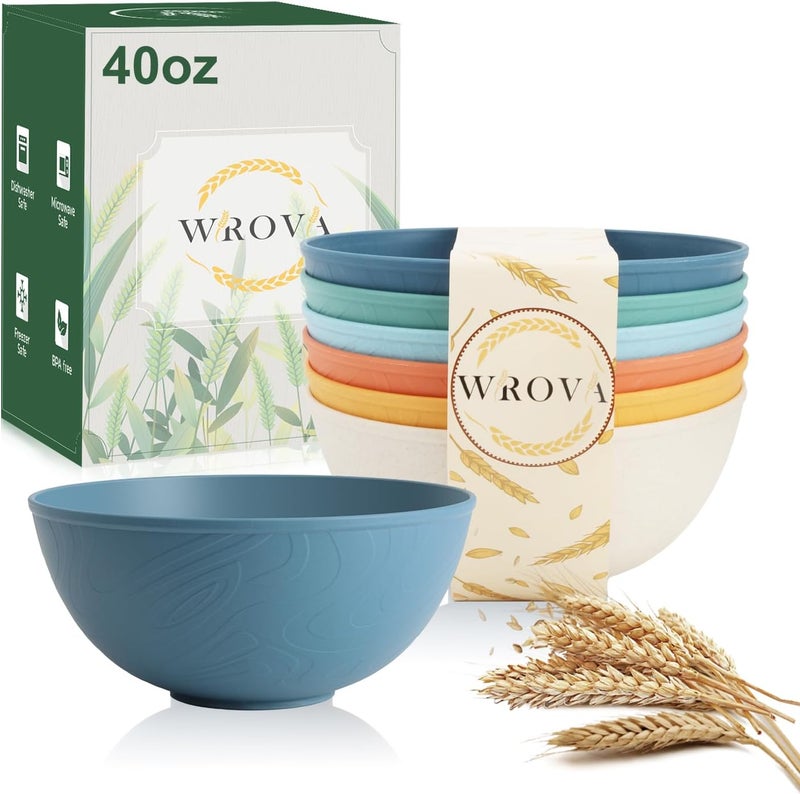 Wrova Wheat Straw Bowls for Kitchen set of 6,Anti-Scald Thick Soup Bowls 40oz,Microwave and Dishwasher Safe Bowl Sets, Unbreakable Cereal Bowl Sets. Vibrant Series - Image 1