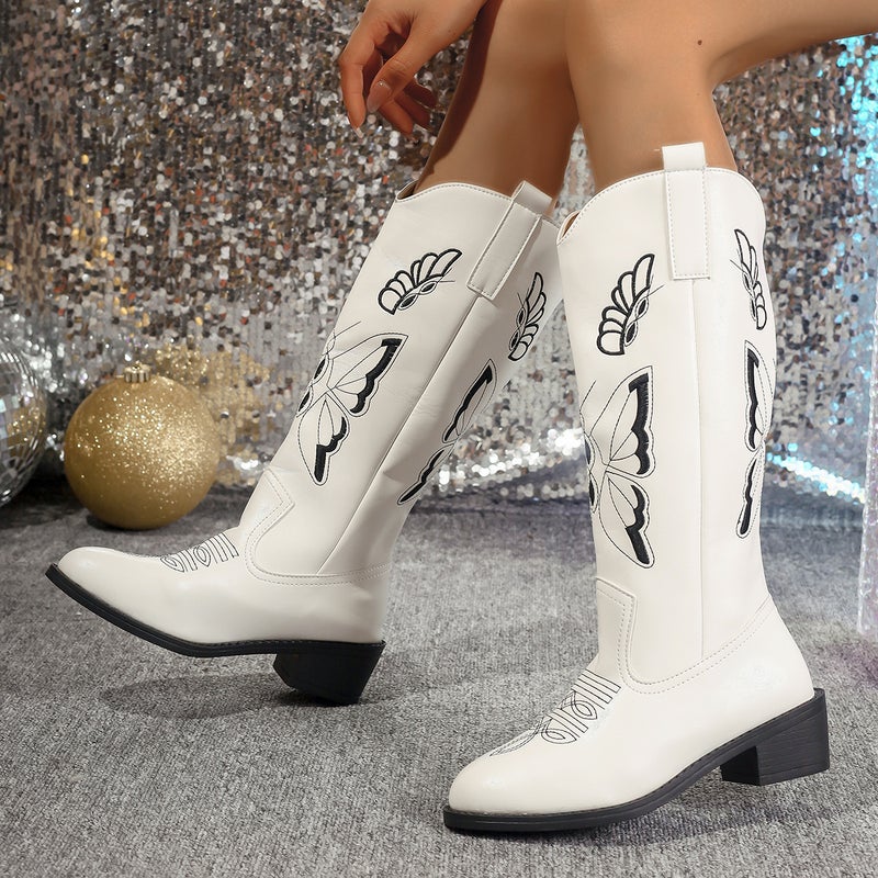 2025 Export Western Cowboy Boots Retro Embroidered Knight Boots New V-Mouth Mid-Calf Boots Large Size Long Boots - Image 3