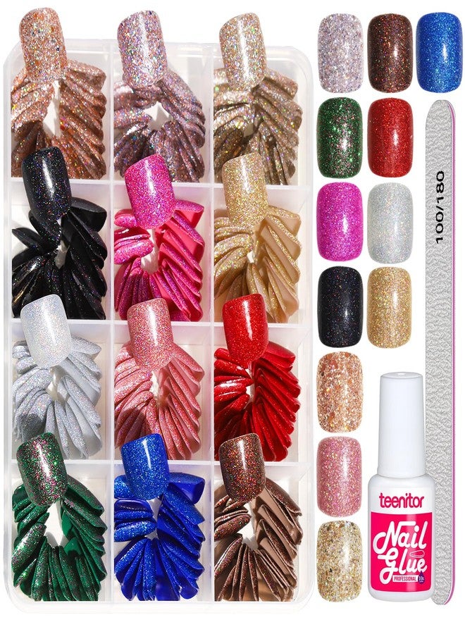 Teenitor Short Press on Nails,288PCS Glitter Square Press on Nails, Fake Nails, Short False Nails, Finger Nails - Image 2