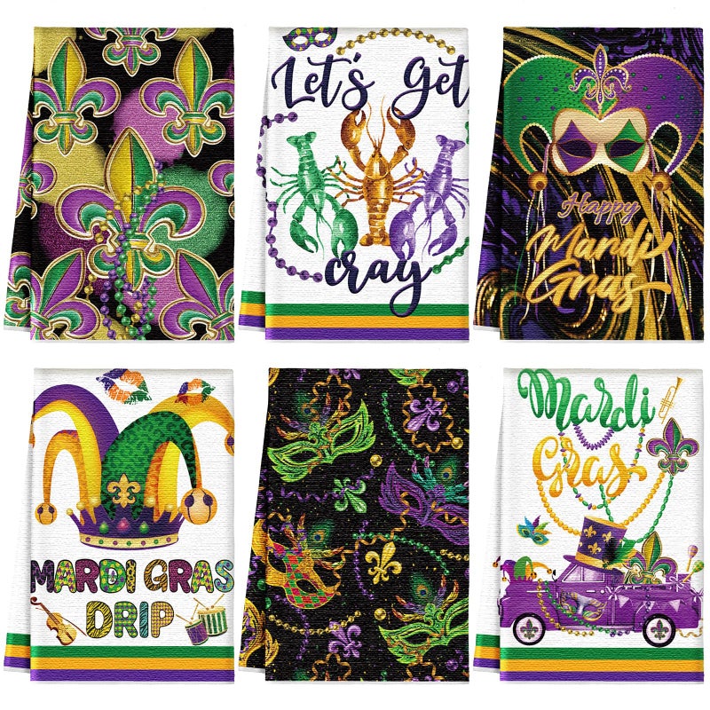 SmoothNovelty 6 Pcs Mardi Gras Kitchen Towel Jewelry Mask Clown Hat Dish Towels Gold Purple Green Carnival Party Supply Carnival Decorative Towel for Kitchen Cooking Baking 21.3x14.2 Inch - Image 1