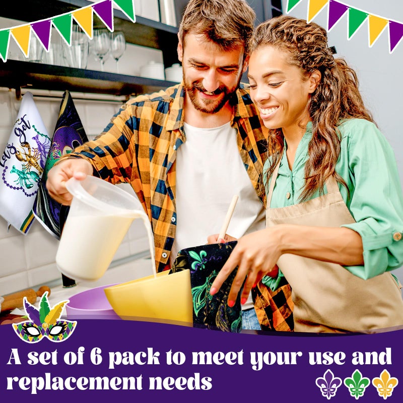 SmoothNovelty 6 Pcs Mardi Gras Kitchen Towel Jewelry Mask Clown Hat Dish Towels Gold Purple Green Carnival Party Supply Carnival Decorative Towel for Kitchen Cooking Baking 21.3x14.2 Inch - Image 4