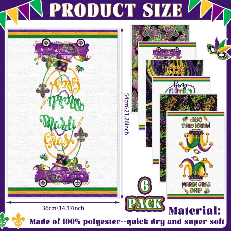 SmoothNovelty 6 Pcs Mardi Gras Kitchen Towel Jewelry Mask Clown Hat Dish Towels Gold Purple Green Carnival Party Supply Carnival Decorative Towel for Kitchen Cooking Baking 21.3x14.2 Inch - Image 2
