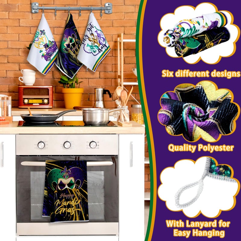 SmoothNovelty 6 Pcs Mardi Gras Kitchen Towel Jewelry Mask Clown Hat Dish Towels Gold Purple Green Carnival Party Supply Carnival Decorative Towel for Kitchen Cooking Baking 21.3x14.2 Inch - Image 3