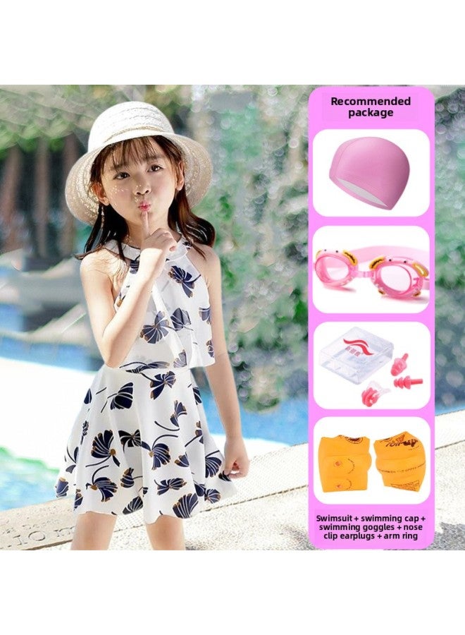 إسكدنيا Parent-child Swimsuit Women's Conservative Belly-covering Slimming Split Girl Princess Dress Swimsuit Female Women's Hot Spring Swimsuit-Color:Children's Beige + Swimming Goggles Five-piece Set- - Image 1