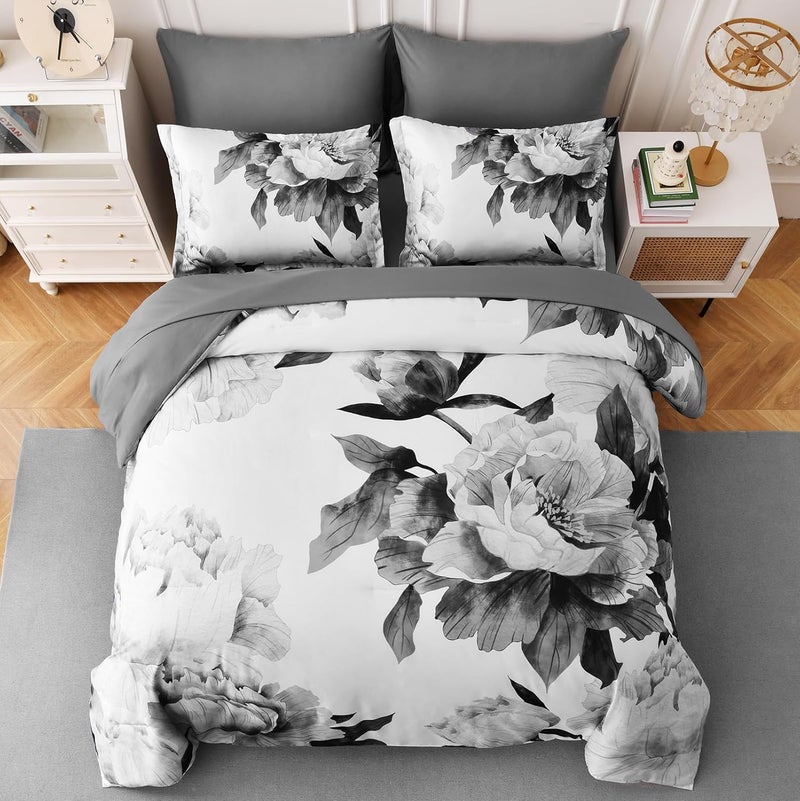Dobuyly Grey Full Size Comforter Set 7 Piece Bed in a Bag, Gray Floral Printed on White Comforter Set with Sheets, Soft Microfiber Botanical Farmhouse Bedding Set for All Season - Image 3