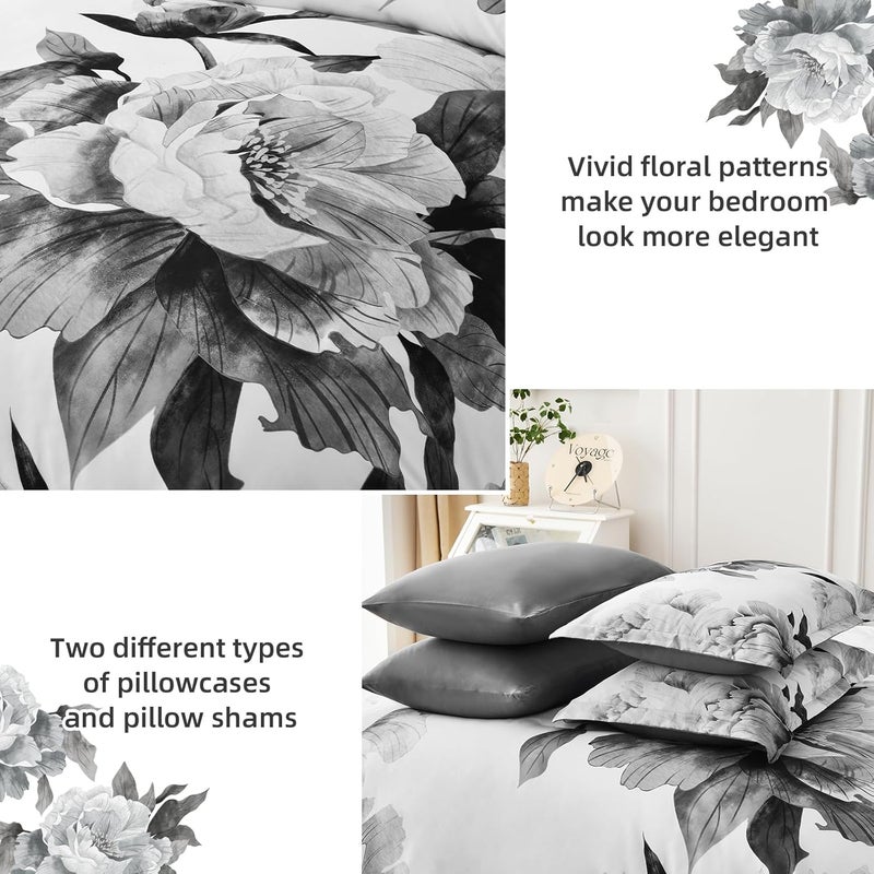 Dobuyly Grey Full Size Comforter Set 7 Piece Bed in a Bag, Gray Floral Printed on White Comforter Set with Sheets, Soft Microfiber Botanical Farmhouse Bedding Set for All Season - Image 5