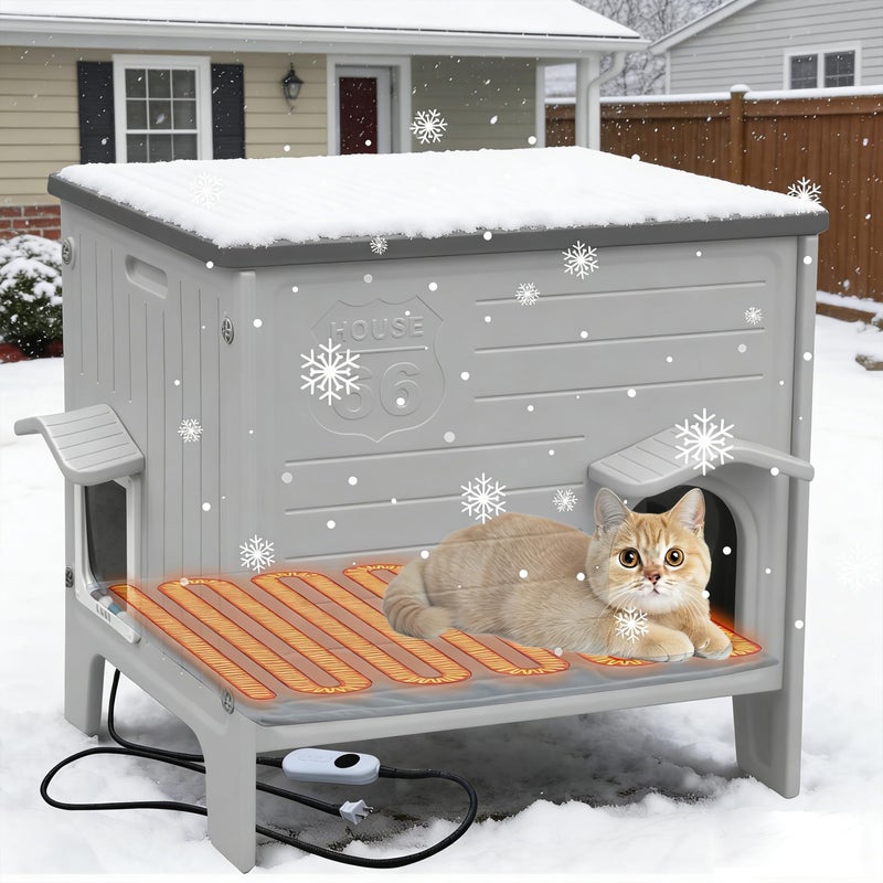 Deblue Heated Cat House for Outside Weatherpoof Plastic Cats Houses Outdoor with Escape Door Indoor Waterproof Feral/Pet Cat Shelter for Puppy, Rabbit(Grey) - Image 1