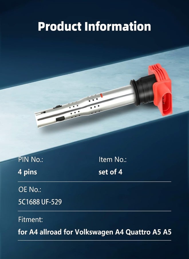 ECCPP ملفات إشعال ECCPP UF-529 رباعية مع شمعات إشعال إيريديوم رباعية لسيارات فولكس فاجن MK5 MK6 GTI جيتا جولف باسات تيجوان A3 A4 A5 A6 A7 Q5 Q7 R8 S4 S5 موديلات 2006-2016 بمحركات 2.0T 3.0T 2.5L 3.2L 4.2 5.2 5C1688 - Image 3