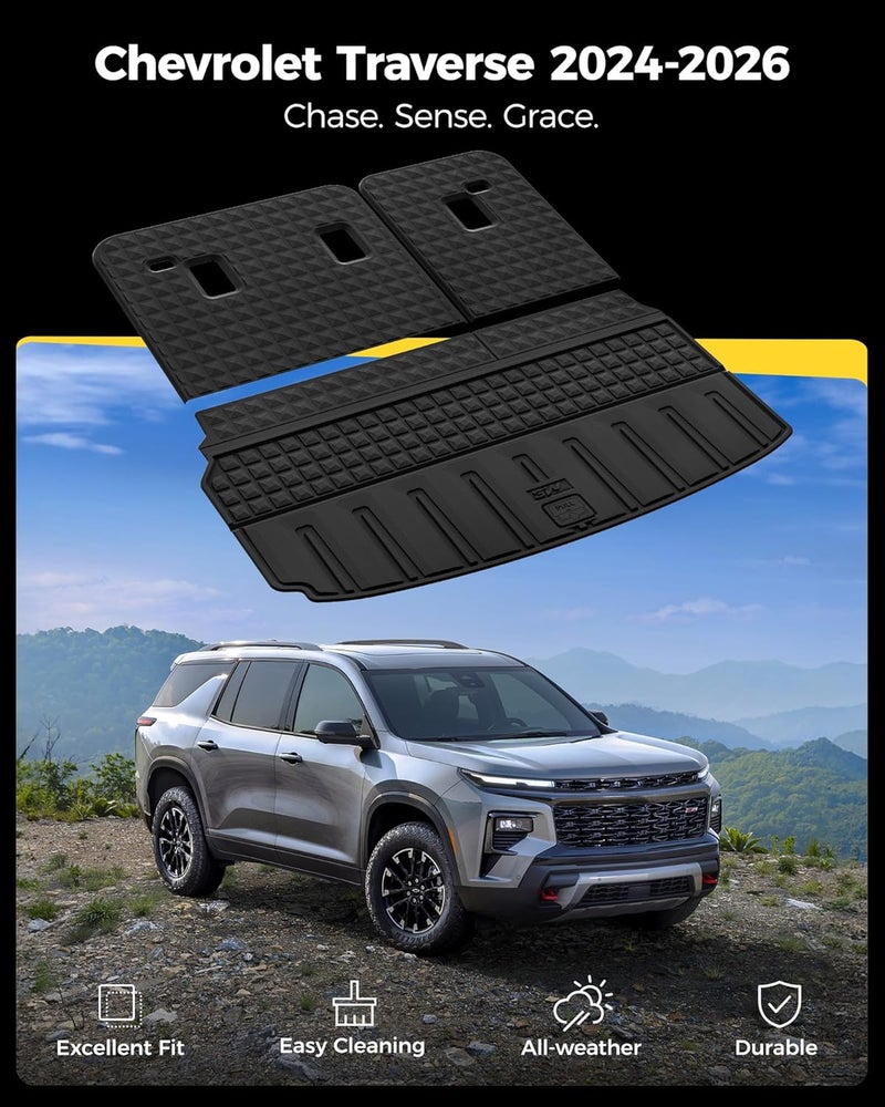 3W Seat Back Mats & Cargo Mat for Chevrolet Chevy Traverse 2024-2026 & GMC Acadia 2024-2026 & Buick Enclave 2025-2026, All Weather TPE Custom Fit Cargo Mat Trunk Liner with Backrest Mat, Black - Image 2