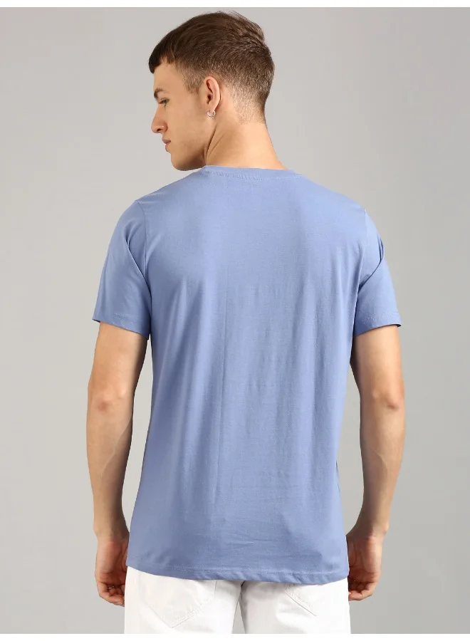 جوفن Blue Printed Round Neck T-Shirt for Men