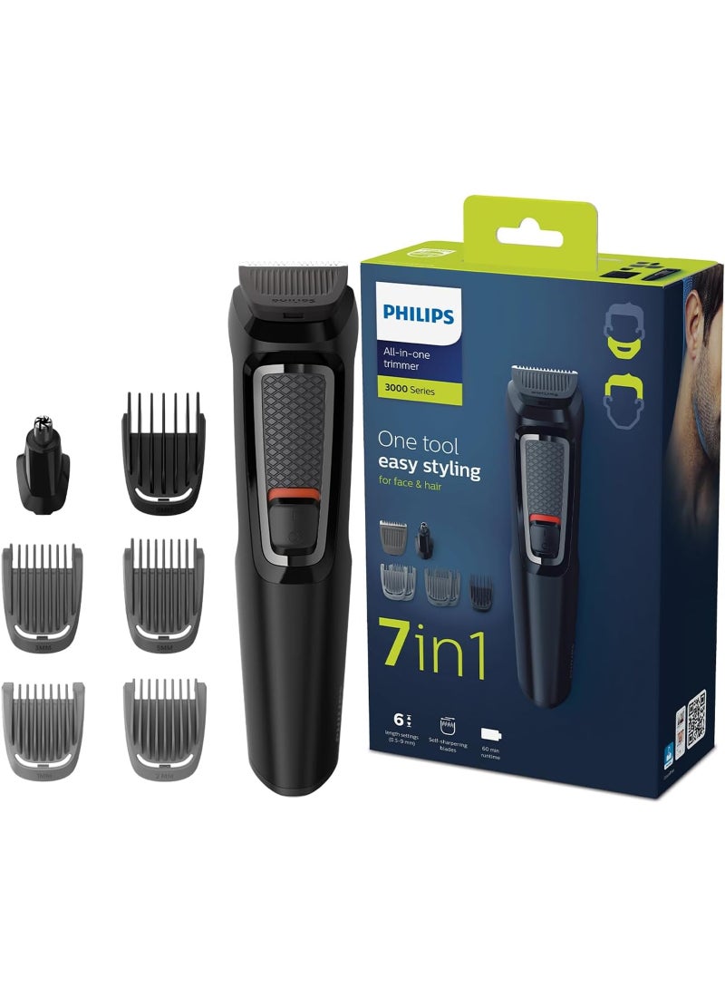 Philips Multigroom 3000 MG3720/33,7-in-1 All-in-One Trimmer for Face & Hair,Maintenance-Free Blades, Nose & Ear Trimmer,60min Cordless Use, Includes Nose & Ear Trimmer, Hair & Beard Combs Black - Image 1