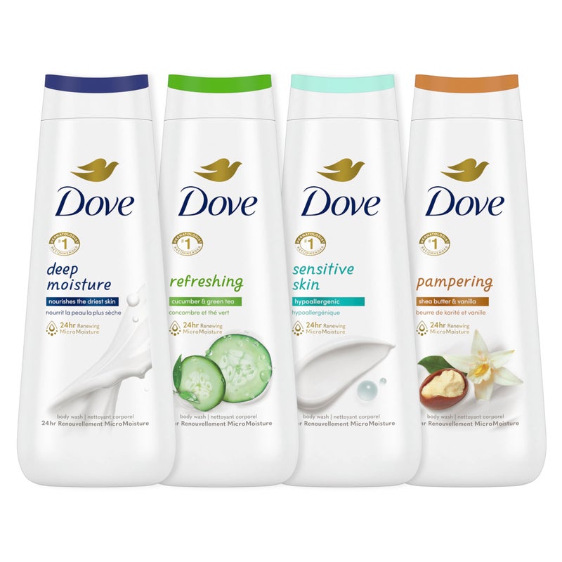 Dove غسول الجسم دوف ترطيب عميق، للبشرة الحساسة، خيار وشاي أخضر، وزبدة الشيا ومجموعة الفانيليا 4 قطع منظف للبشرة مع ترطيب ميكرو متجدد لمدة 24 ساعة 20 أونصة - Image 1