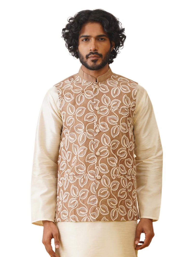 Jompers Men's Embroidered Silk Blend Nehru Jacket with Mandarin Neck - Image 1