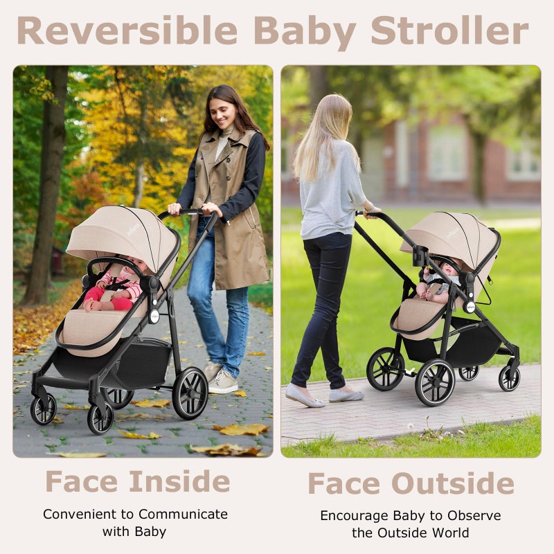 INFANS 2 in 1 Baby Stroller, High Landscape Infant Stroller & Reversible Bassinet Pram, Foldable Pushchair with Adjustable Canopy, Cup Holder, Storage Basket, Suspension Wheels (Khaki) - Image 2