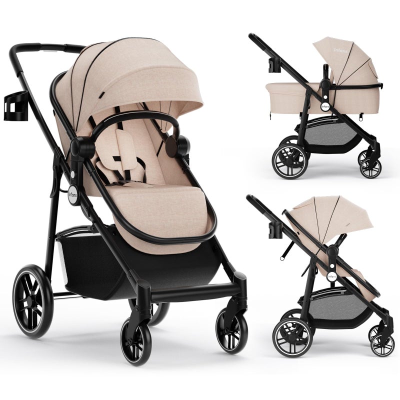 INFANS 2 in 1 Baby Stroller, High Landscape Infant Stroller & Reversible Bassinet Pram, Foldable Pushchair with Adjustable Canopy, Cup Holder, Storage Basket, Suspension Wheels (Khaki) - Image 1
