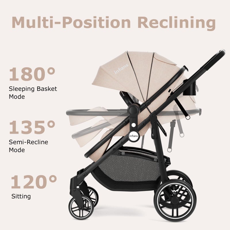 INFANS 2 in 1 Baby Stroller, High Landscape Infant Stroller & Reversible Bassinet Pram, Foldable Pushchair with Adjustable Canopy, Cup Holder, Storage Basket, Suspension Wheels (Khaki) - Image 4