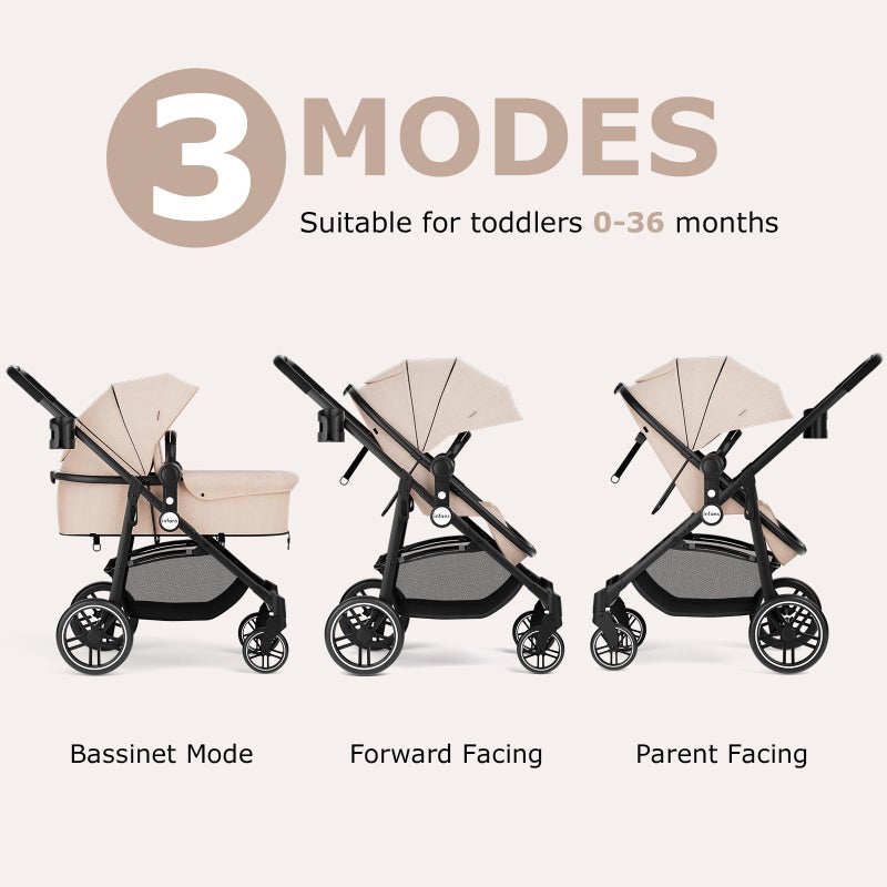 INFANS 2 in 1 Baby Stroller, High Landscape Infant Stroller & Reversible Bassinet Pram, Foldable Pushchair with Adjustable Canopy, Cup Holder, Storage Basket, Suspension Wheels (Khaki) - Image 3