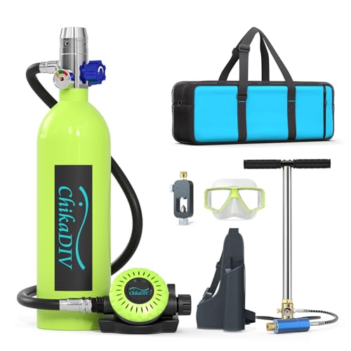 CHIKADIV Scuba Tank Diving Gear 1L Mini Scuba Tank Portable Lung Tank with Pump,Lung Kits for Underwater Exploration, Breathing Training C5 Green - Image 1
