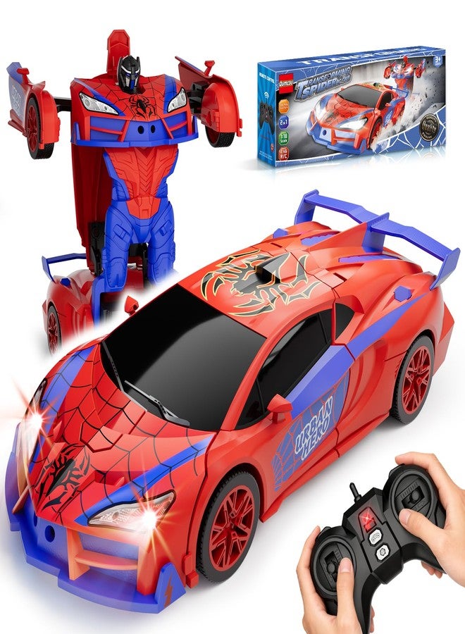 Qumcou Spider Toys, One-Button Transform Superhero Remote Control Car, 2.4Ghz RC Cars, 360° Spin 1:16 Scale Car Toys, Shining Red and Blue Light, Birthday Gifts for 3 4 5 6 7 8 9 10 Years Old Boys - Image 1