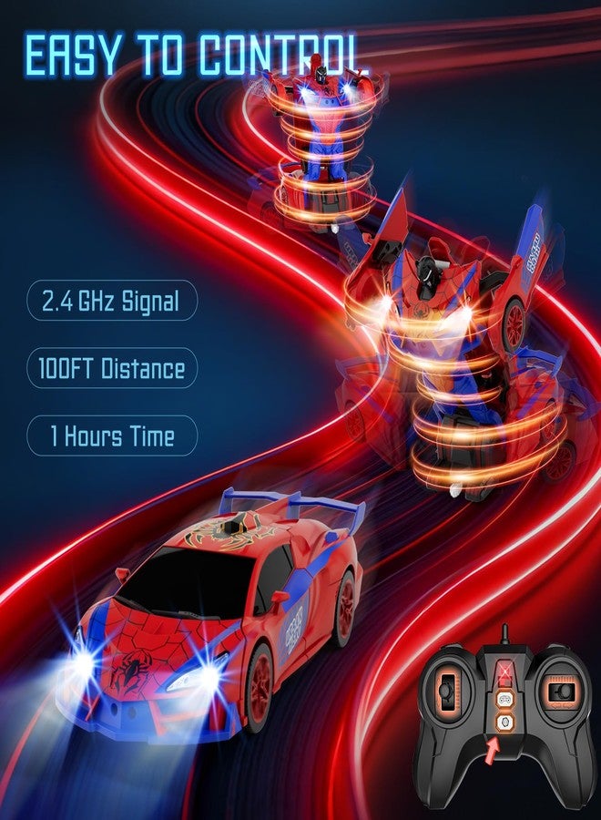 Qumcou Spider Toys, One-Button Transform Superhero Remote Control Car, 2.4Ghz RC Cars, 360° Spin 1:16 Scale Car Toys, Shining Red and Blue Light, Birthday Gifts for 3 4 5 6 7 8 9 10 Years Old Boys - Image 3