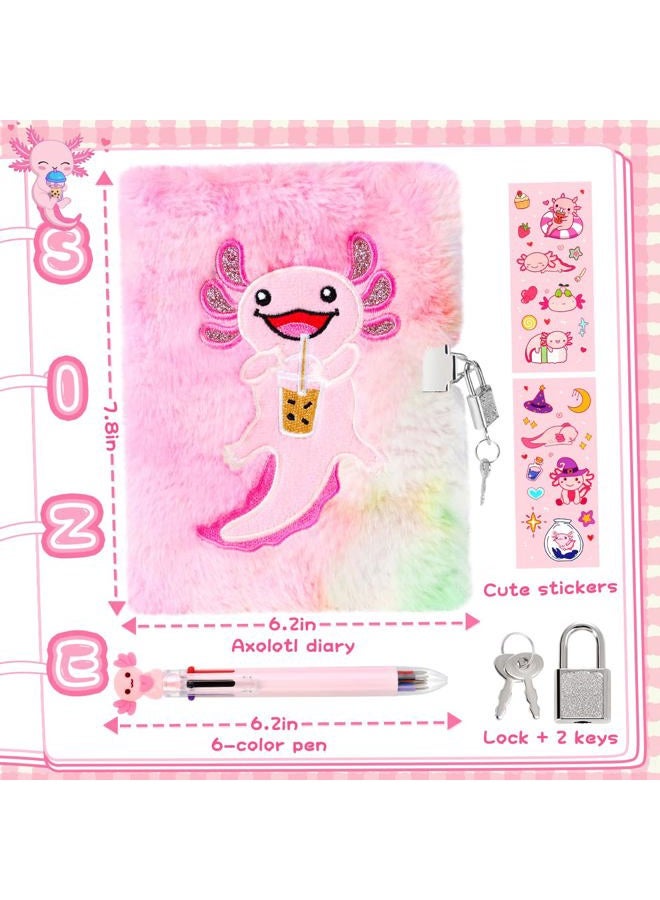 PrinBarBee Axolotl Diary For Girls With Lock And Keys, Girls Fuzzy Notebook Gift Set For Writing And Drawing - Image 3