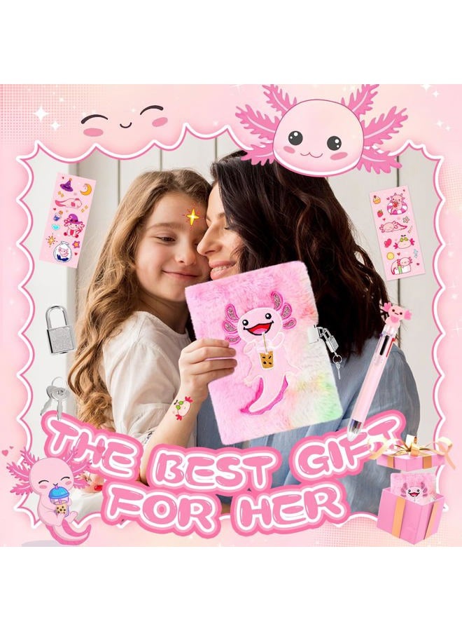 PrinBarBee Axolotl Diary For Girls With Lock And Keys, Girls Fuzzy Notebook Gift Set For Writing And Drawing - Image 4