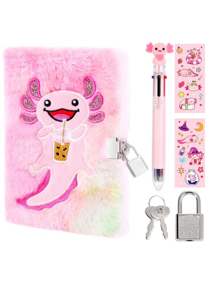 PrinBarBee Axolotl Diary For Girls With Lock And Keys, Girls Fuzzy Notebook Gift Set For Writing And Drawing - Image 1