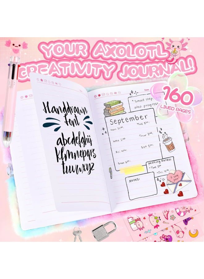 PrinBarBee Axolotl Diary For Girls With Lock And Keys, Girls Fuzzy Notebook Gift Set For Writing And Drawing - Image 5
