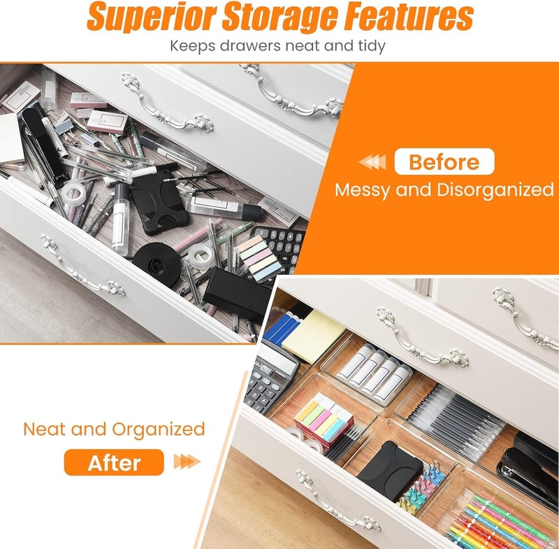 Kuber Industries 6 Pcs Set Multi-Purpose Transparent Drawer Organizers | Plastic Trays for Storage Kitchen & Aesthetic Dressing Table Organisers for Cosmetics, Makeup & Stationery | Transparent - Image 4