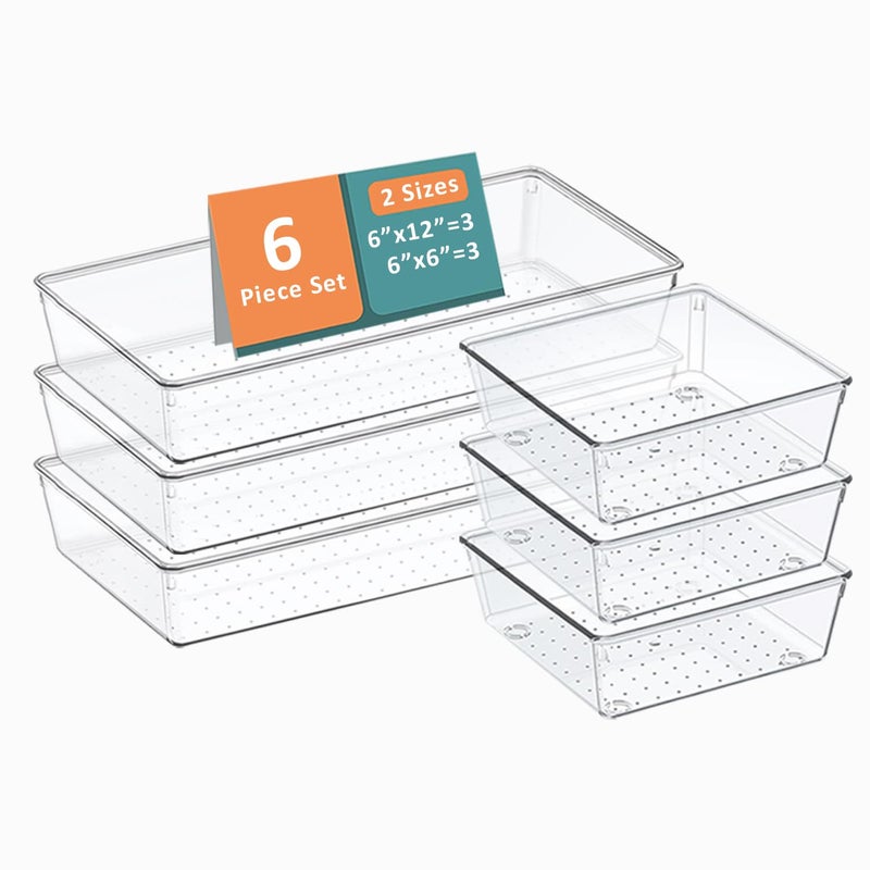 Kuber Industries 6 Pcs Set Multi-Purpose Transparent Drawer Organizers | Plastic Trays for Storage Kitchen & Aesthetic Dressing Table Organisers for Cosmetics, Makeup & Stationery | Transparent - Image 1