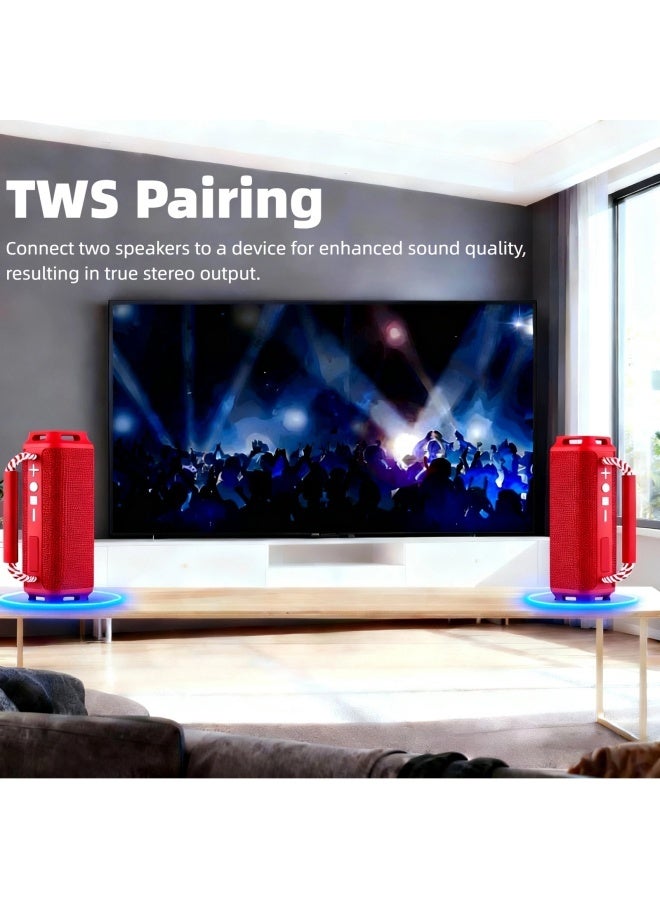 Portable Wireless Bluetooth Speaker with HD Sound, Bluetooth 5.4, 15W Dual Speaker, 16H Playtime, IPX7 Waterproof and Drop-Proof, TWS Pairing, for Outdoor/Home/Party/Beach (Square) - Red - Image 5