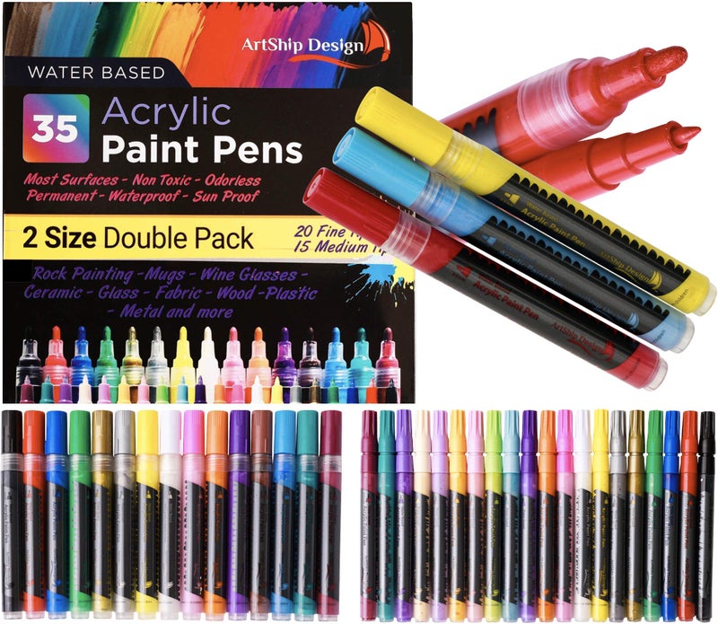 ArtShip Design 35 Premium Acrylic Paint Pens Double Pack of Both Extra Fine and Medium Tip for Rock Painting Mug Ceramic Glass and Fabric Painting Water Based NonToxic and No Odor