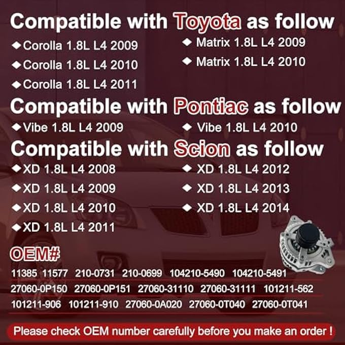 Hsbhlsnx 11385N Alternator Compatible with Toyota Corolla 1.8L L4 2009-2011 Matrix 1.8L L4 2009-2010 Compatible with Pontiac Vibe 1.8L L4 2009-2010 Compatible with Scion xD 1.8L L4 2008-2014 11385 11577 - Image 2