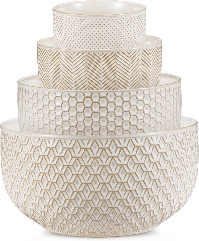 Kook طقم 4 وعاء خلط سيراميك كوك مع تصميم بارز للأطباق المطبخية هدايا التحضير والتقديم آمن للاستخدام في الميكروويف وغسالة الصحون مجموعة ناربون العاجية - Image 1