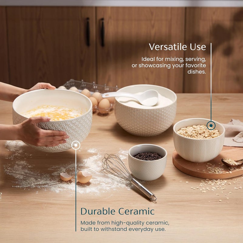 Kook طقم 4 وعاء خلط سيراميك كوك مع تصميم بارز للأطباق المطبخية هدايا التحضير والتقديم آمن للاستخدام في الميكروويف وغسالة الصحون مجموعة ناربون العاجية - Image 3