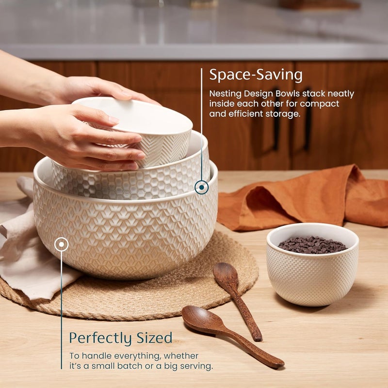 Kook طقم 4 وعاء خلط سيراميك كوك مع تصميم بارز للأطباق المطبخية هدايا التحضير والتقديم آمن للاستخدام في الميكروويف وغسالة الصحون مجموعة ناربون العاجية - Image 4
