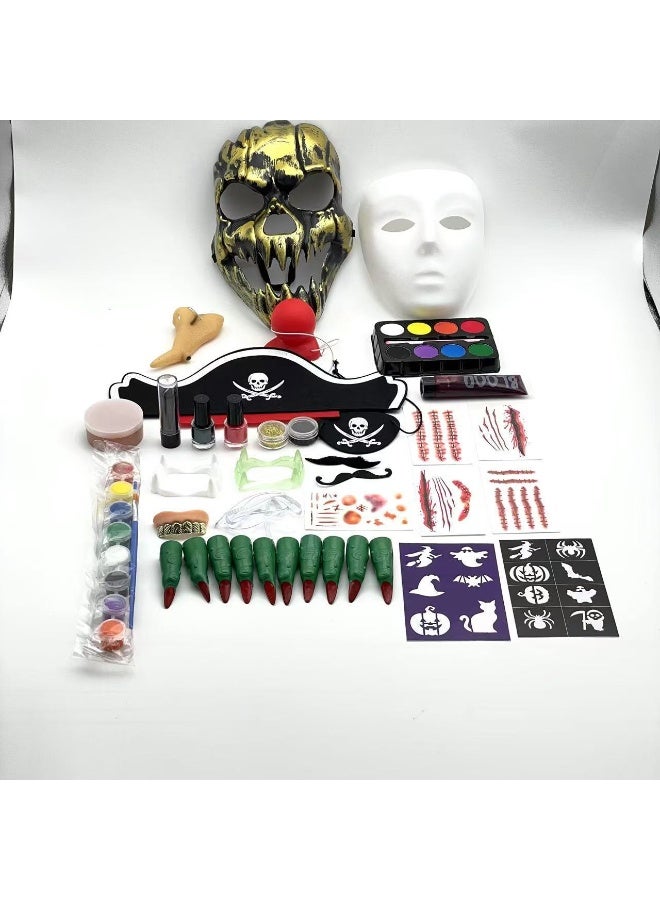 40 pcs Halloween Children's Professional Facial Makeup Set - temporary tattoo stickers, skull masks, scar stickers, fake nails, fake blood, fake teeth, face palette, brushes, pirate mustaches, full painting kit, party cosplay, party costumes（suitable for children aged 7 to 14.） - Image 2
