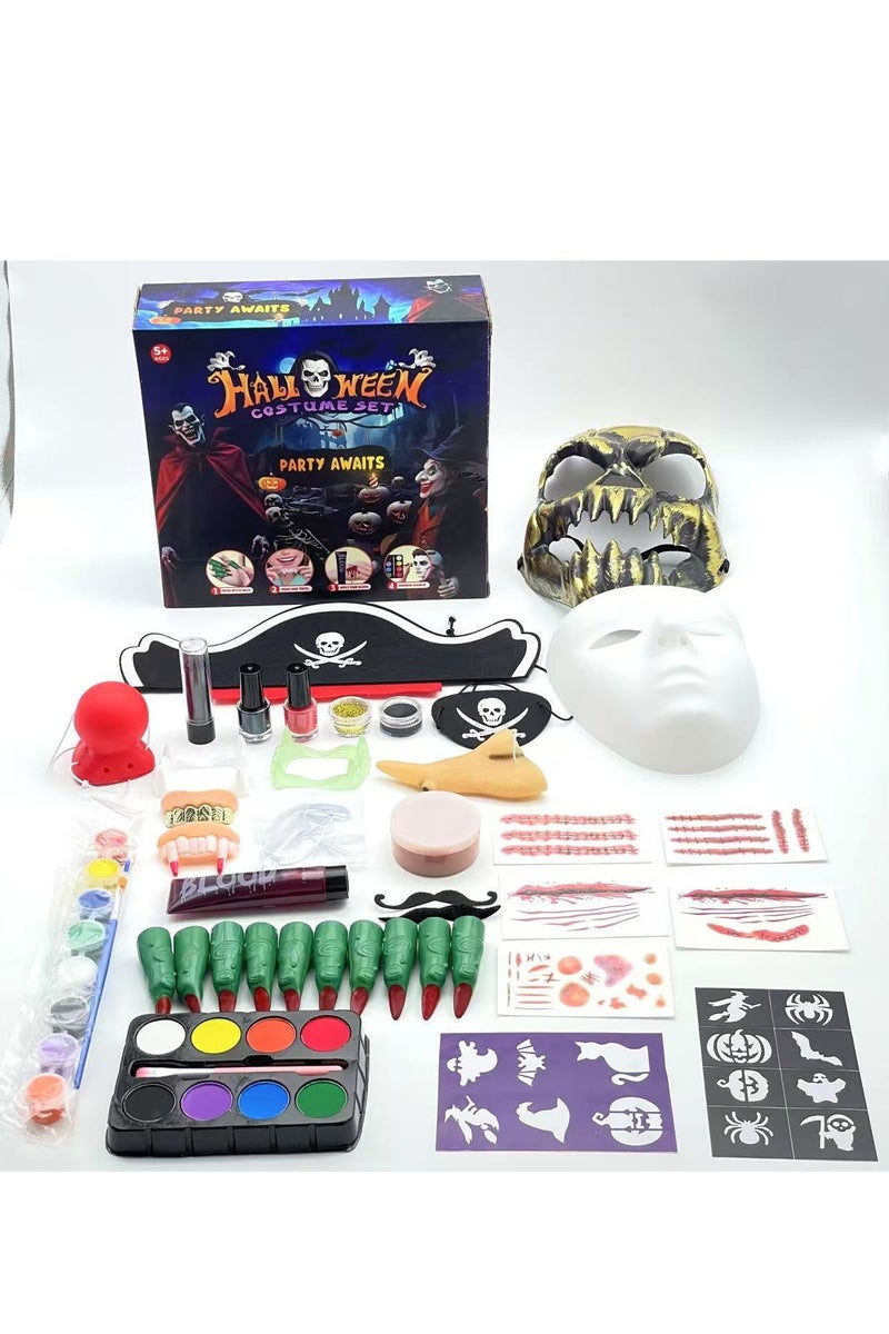 40 pcs Halloween Children's Professional Facial Makeup Set - temporary tattoo stickers, skull masks, scar stickers, fake nails, fake blood, fake teeth, face palette, brushes, pirate mustaches, full painting kit, party cosplay, party costumes（suitable for children aged 7 to 14.） - Image 1
